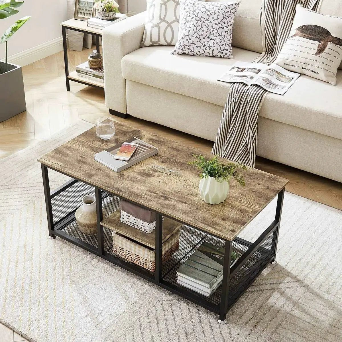 Modern Industrial Metal Grey Wood Coffee Table with Bottom Storage Shelves by HomePacific