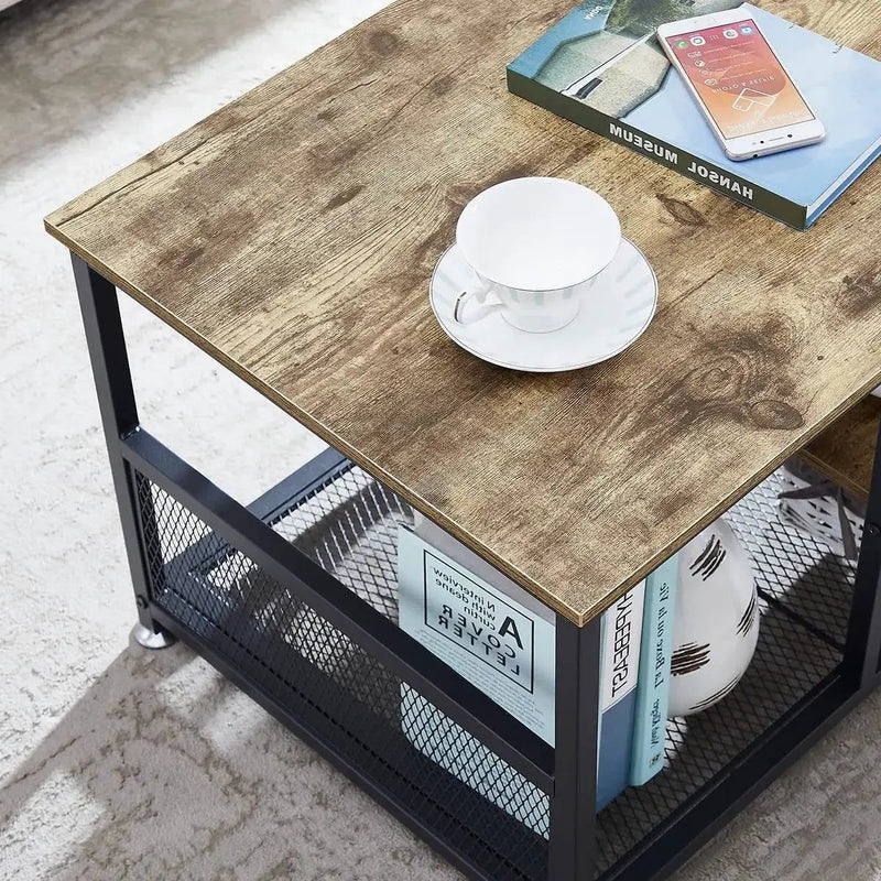 Modern Industrial Metal Grey Wood Coffee Table with Bottom Storage Shelves by HomePacific