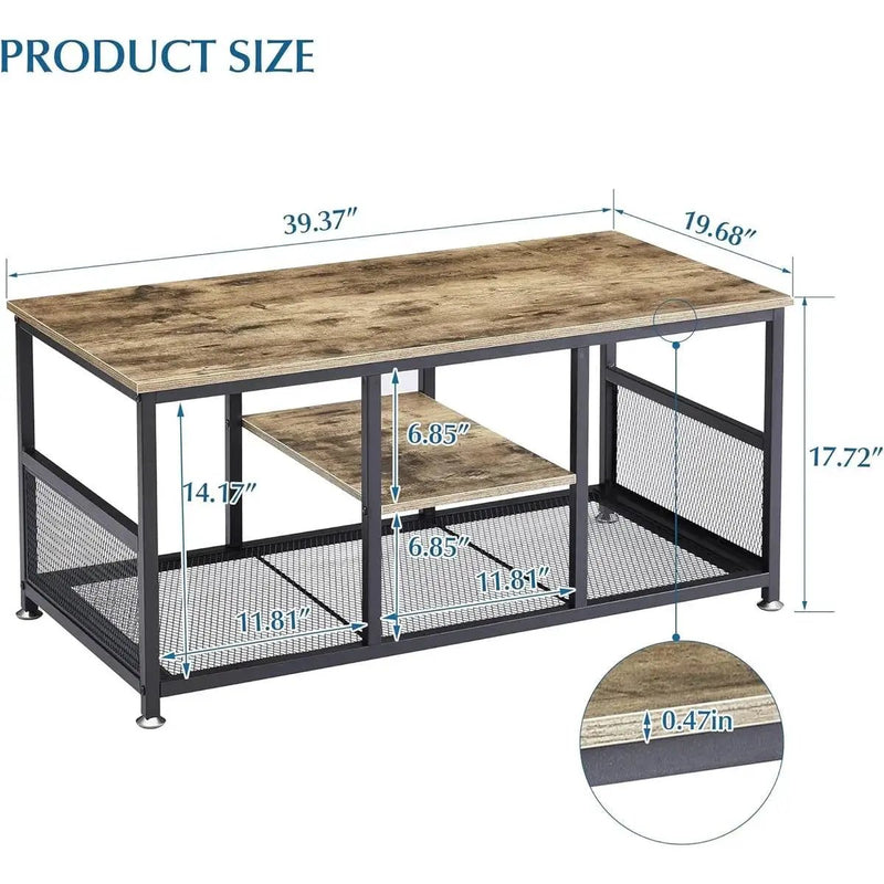 Modern Industrial Metal Grey Wood Coffee Table with Bottom Storage Shelves by HomePacific