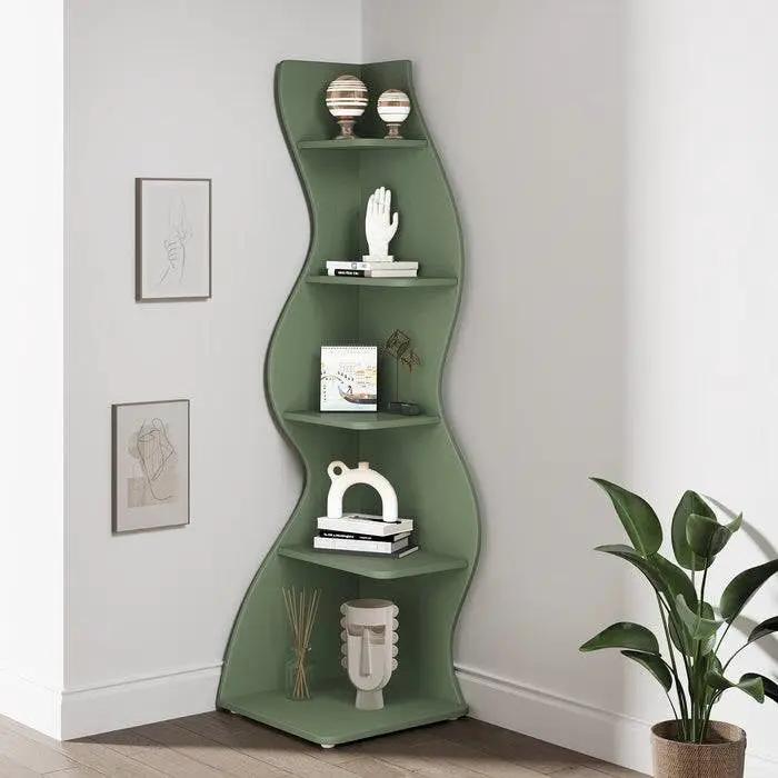 Modern Whimsical 5 Shelf Corner Bookcase in Green Wood Finish by HomePacific