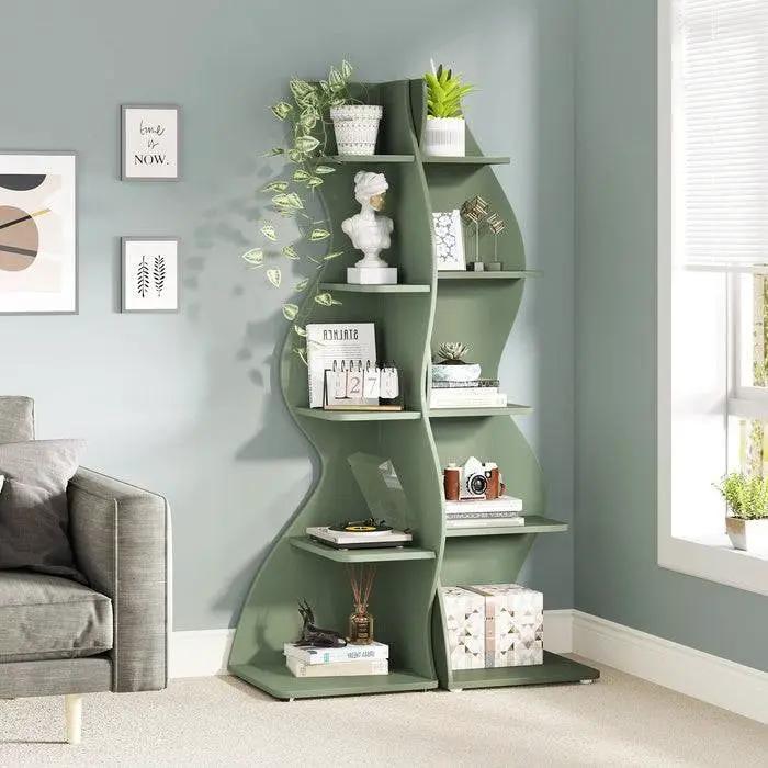 Modern Whimsical 5 Shelf Corner Bookcase in Green Wood Finish by HomePacific