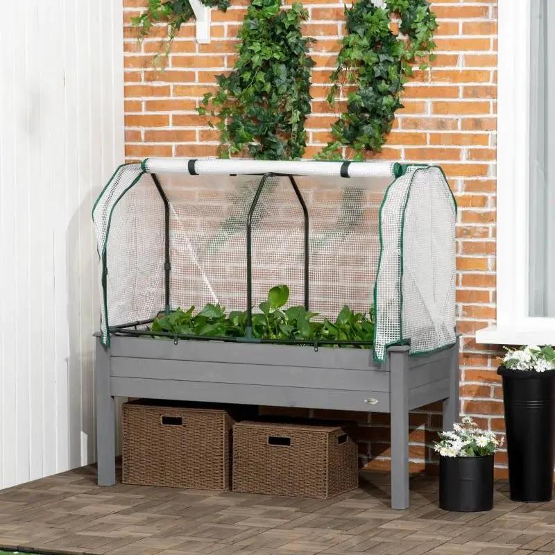 Grey Wood Elevated Raised Garden Bed Planter with Greenhouse Cover by HomePacific