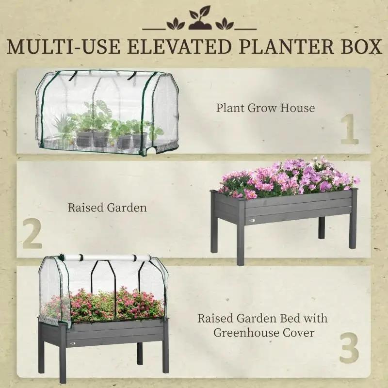 Grey Wood Elevated Raised Garden Bed Planter with Greenhouse Cover by HomePacific