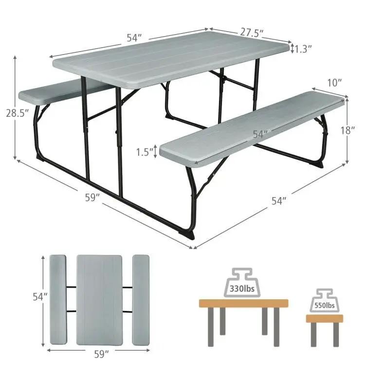 Grey Folding Picnic Table with 2 Benches Outdoor Patio Dining Set by HomePacific