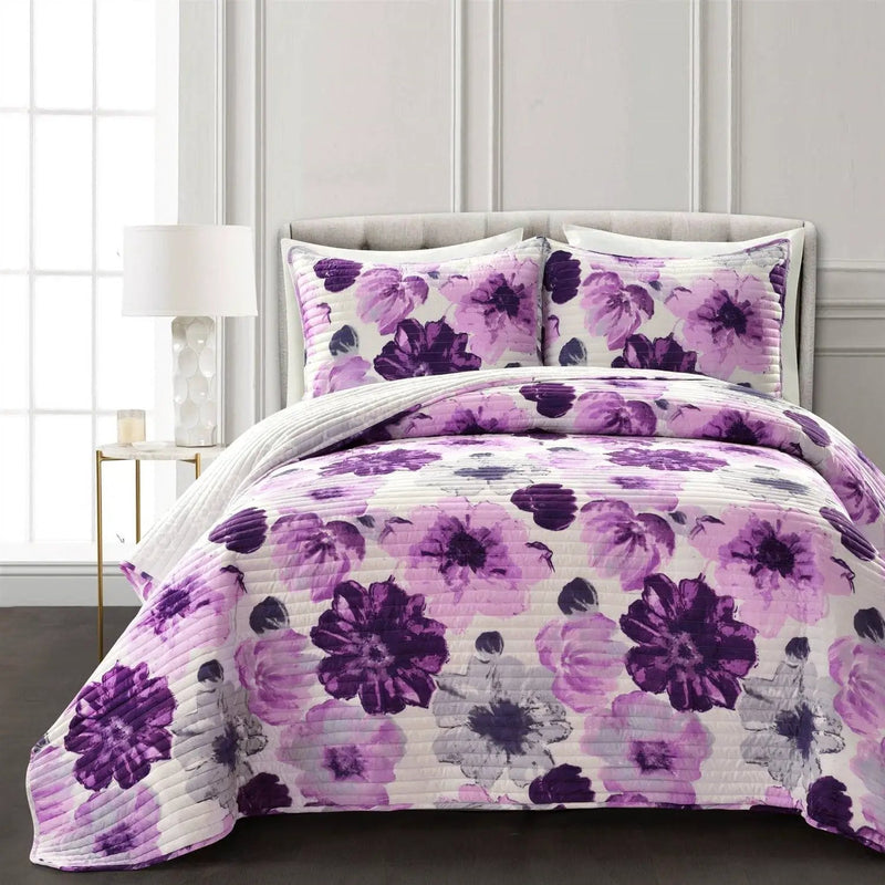 King size Purple Grey Flowers Lightweight Polyester Microfiber Quilt Set by HomePacific