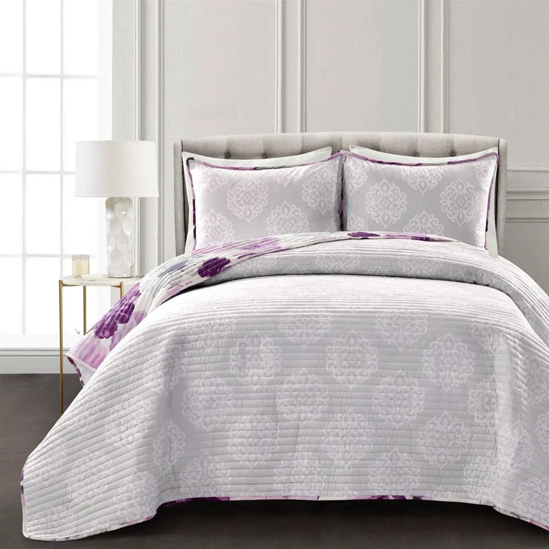 King size Purple Grey Flowers Lightweight Polyester Microfiber Quilt Set by HomePacific