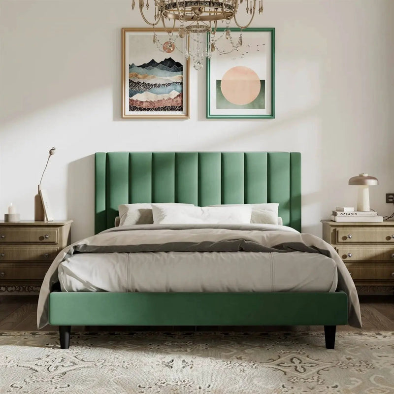 Queen size Modern Green Velvet Upholstered Platform Bed with Headboard by HomePacific