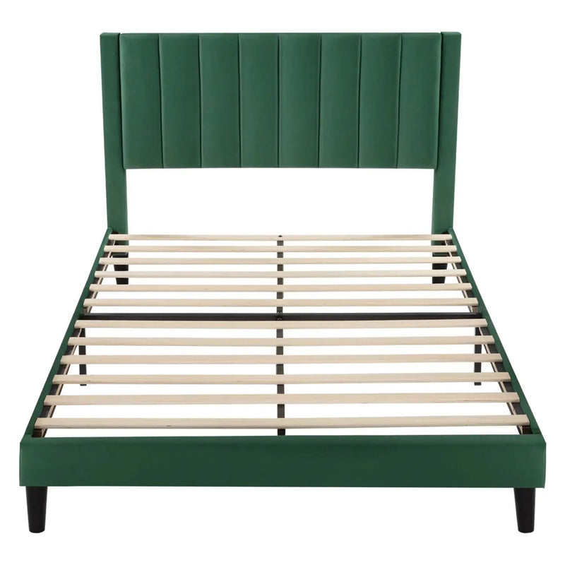 Queen size Modern Green Velvet Upholstered Platform Bed with Headboard by HomePacific