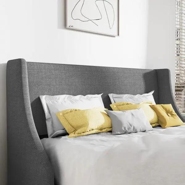 Queen Size Grey Linen Blend Upholstered Platform Bed with Wingback Headboard by HomePacific