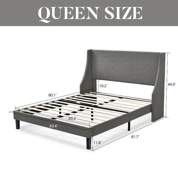 Queen Size Grey Linen Blend Upholstered Platform Bed with Wingback Headboard by HomePacific