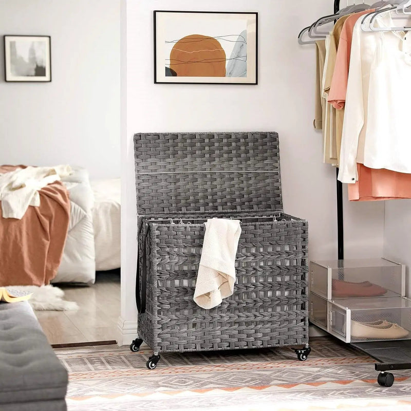 Grey PP Rattan 3-Basket Laundry Hamper Sorter Cart with Removable Cotton Bags by HomePacific