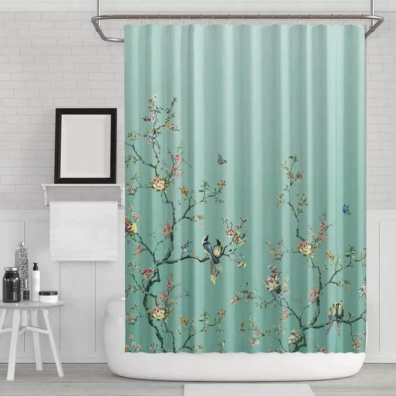 72-in. Teal Blue Green Floral Tree Bird Butterfly Japanese Style Shower Curtain by HomePacific