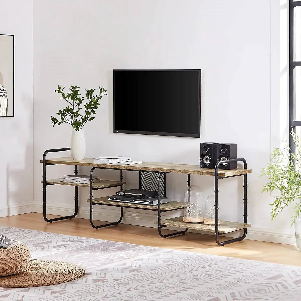 Modern Grey Wood Black Metal Entertainment Center TV Stand for TV up to 75-inch by HomePacific