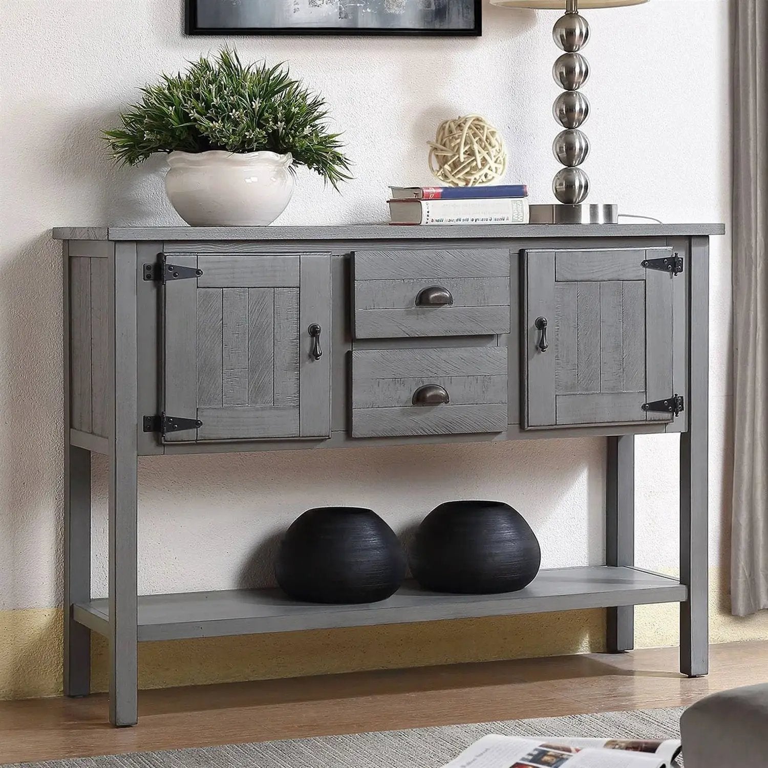 Solid Wood Farmhouse Sofa Table Sideboard Cabinet with Storage Drawers in Grey by HomePacific