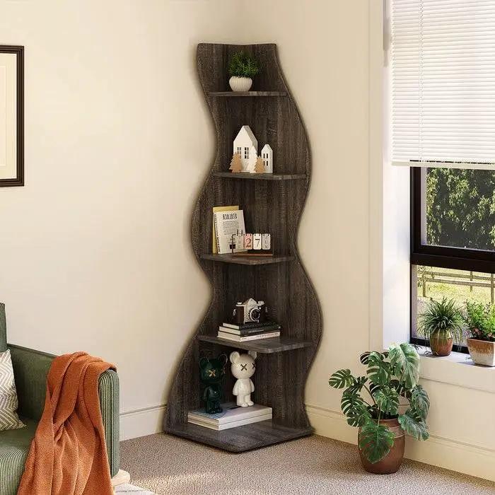 Modern 5 Shelf Corner Bookcase in Grey Wood Finish by HomePacific