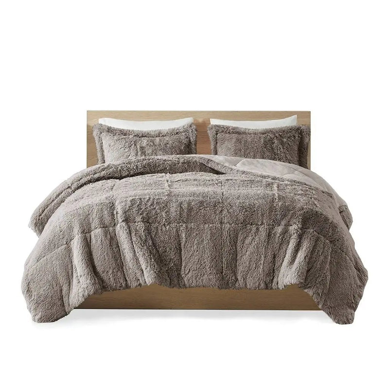 Twin/Twin XL Grey Soft Sherpa Faux Fur 2-Piece Comforter Set with Pillow Shams by HomePacific