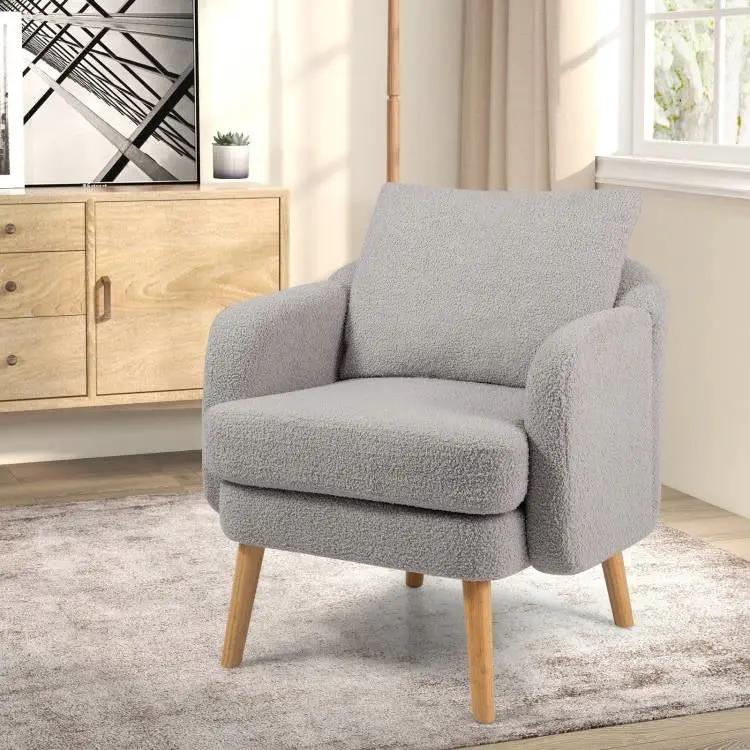 Modern Grey Sherpa Fabric Upholstered Accent Chair with Wooden Legs by HomePacific