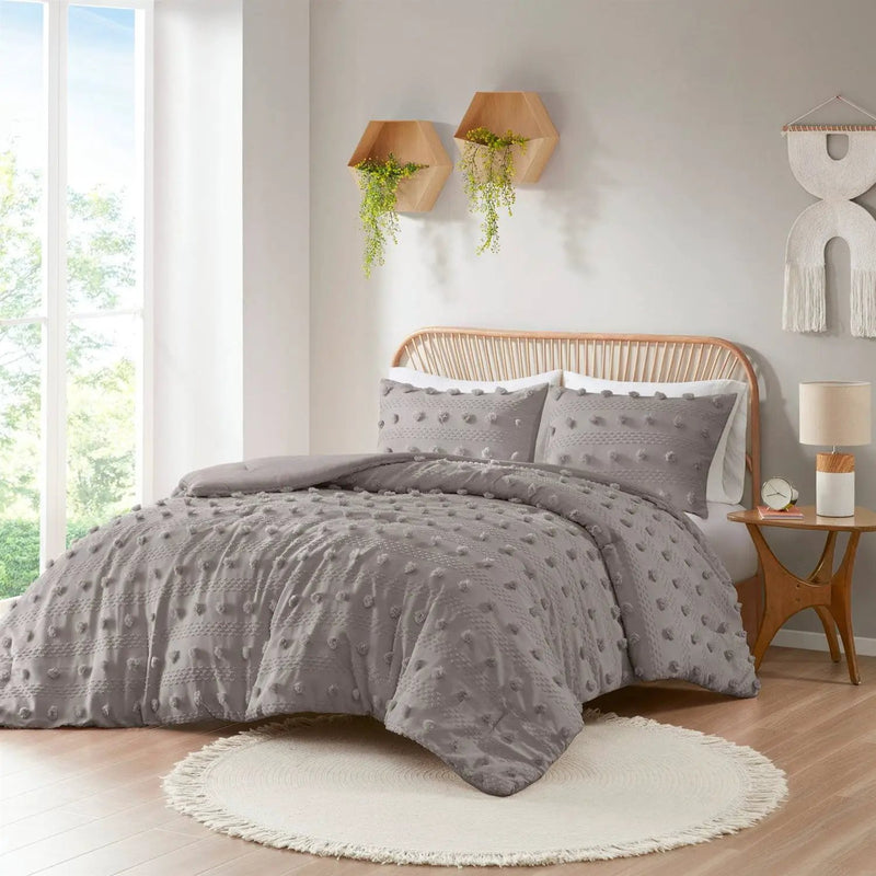 Full/Queen 3-Piece Grey Microfiber Comforter Set with Decorative Pompoms by HomePacific