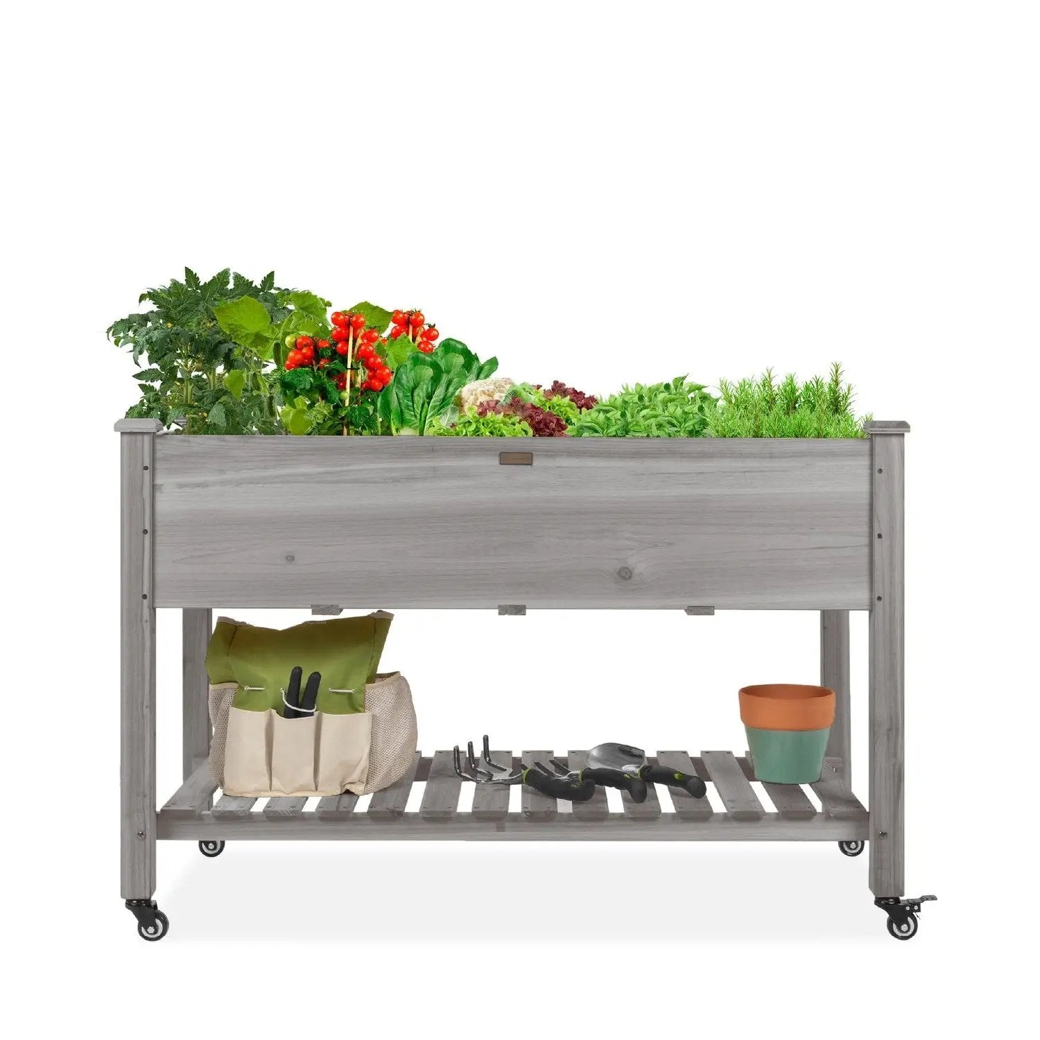 Outdoor Grey Wood Raised Garden Bed Planter Box with Shelf and Locking Wheels by HomePacific
