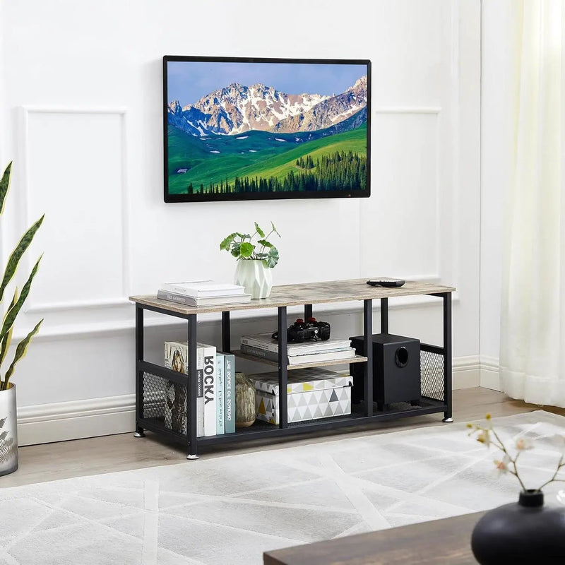 Industrial Modern Black Metal Grey Wood TV Stand with Media Storage Shelf by HomePacific