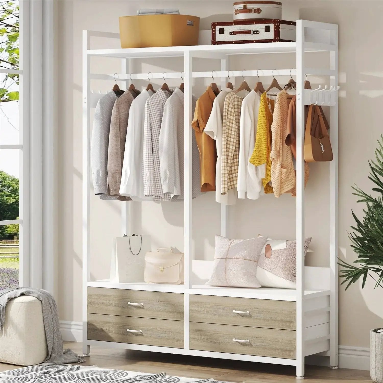 Freestanding White Oak Garment Rack Clothes Hanging Rod with 4 Storage Drawers by HomePacific