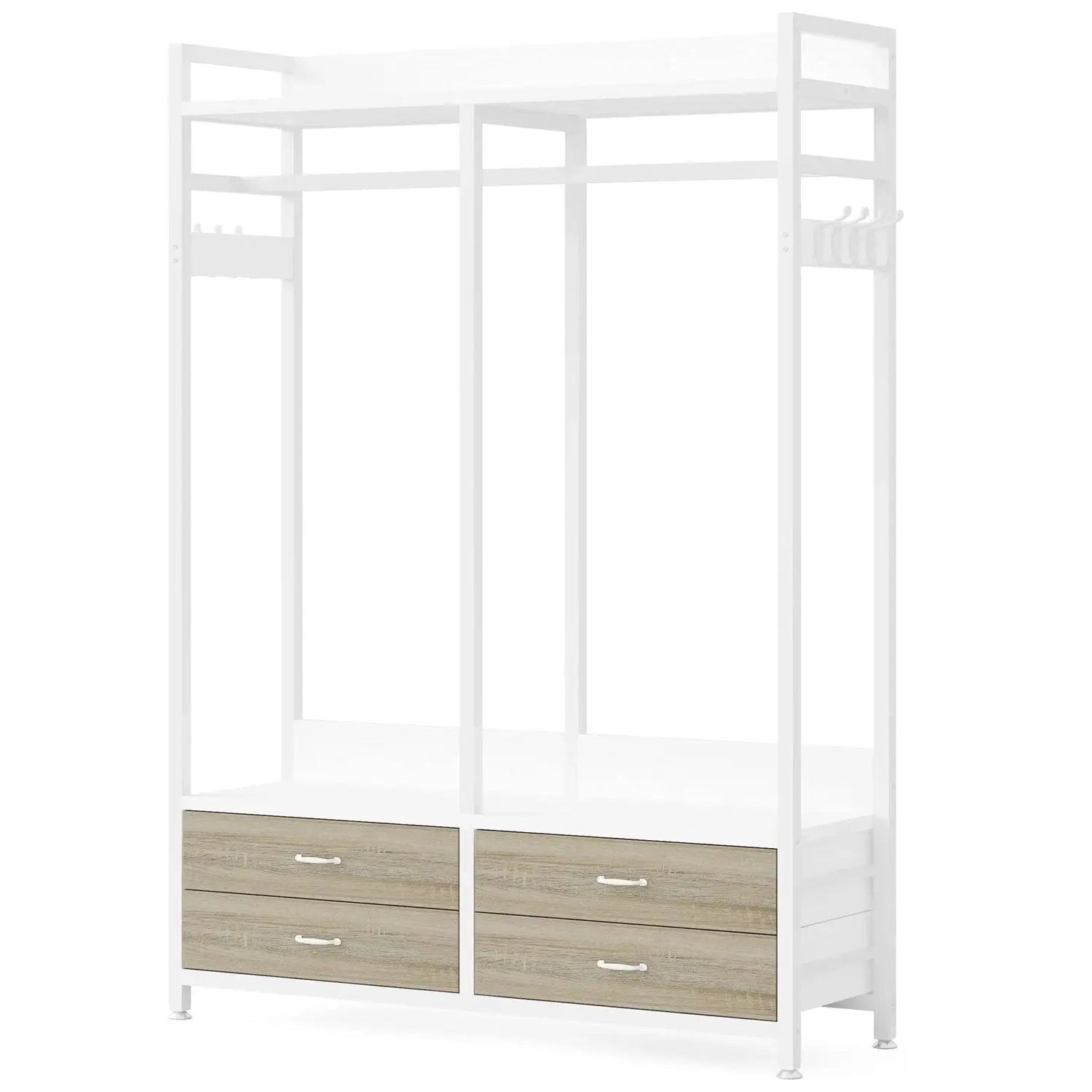 Freestanding White Oak Garment Rack Clothes Hanging Rod with 4 Storage Drawers by HomePacific