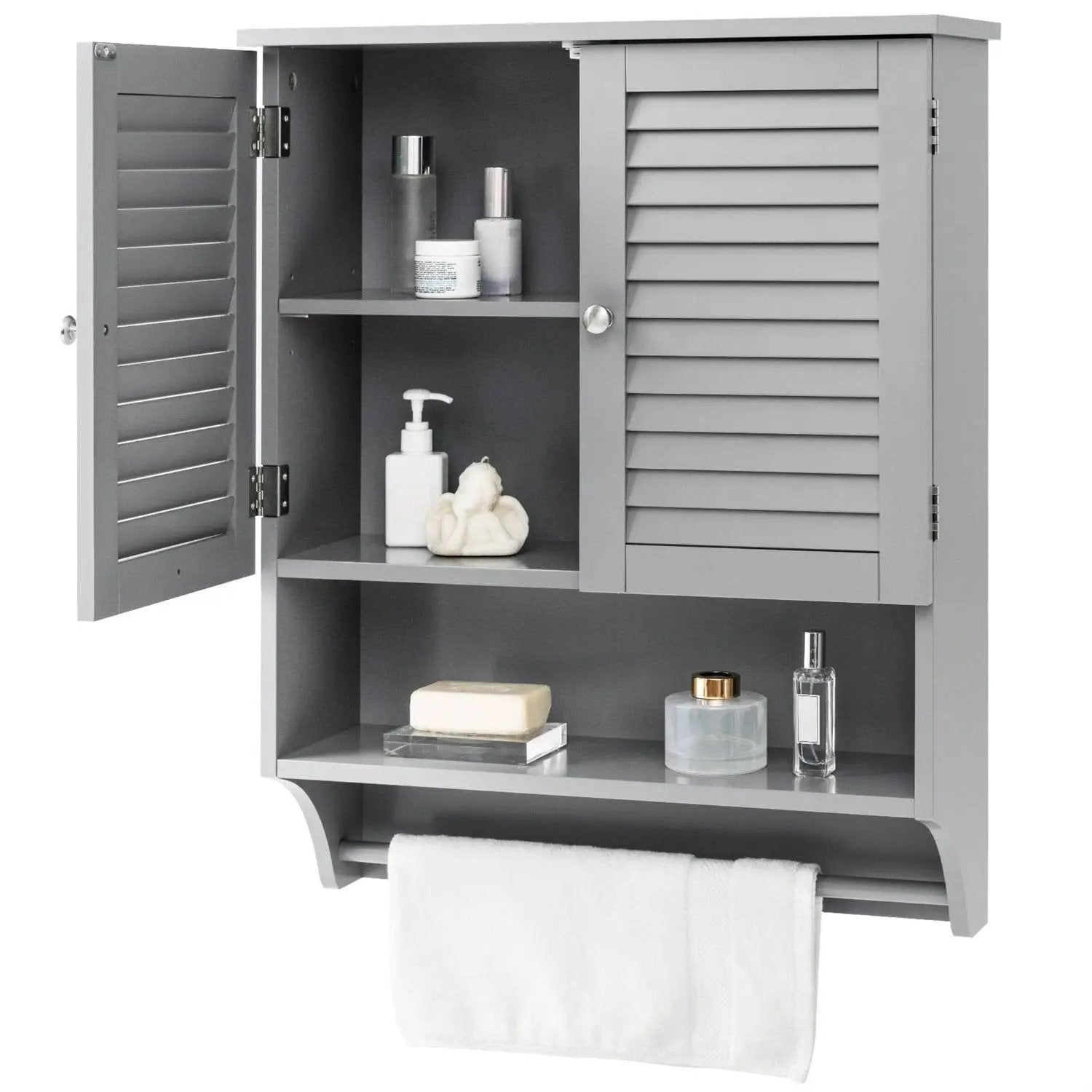 Grey Wall-Mounted Bathroom Medicine Cabinet with Louver Doors and Towel Bar by HomePacific