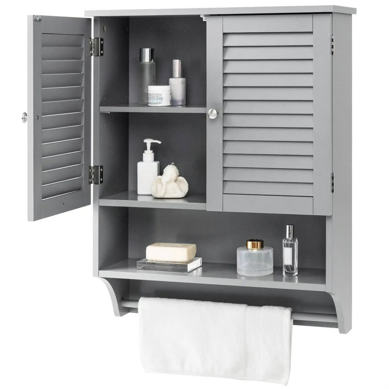 Grey Wall-Mounted Bathroom Medicine Cabinet with Louver Doors and Towel Bar by HomePacific