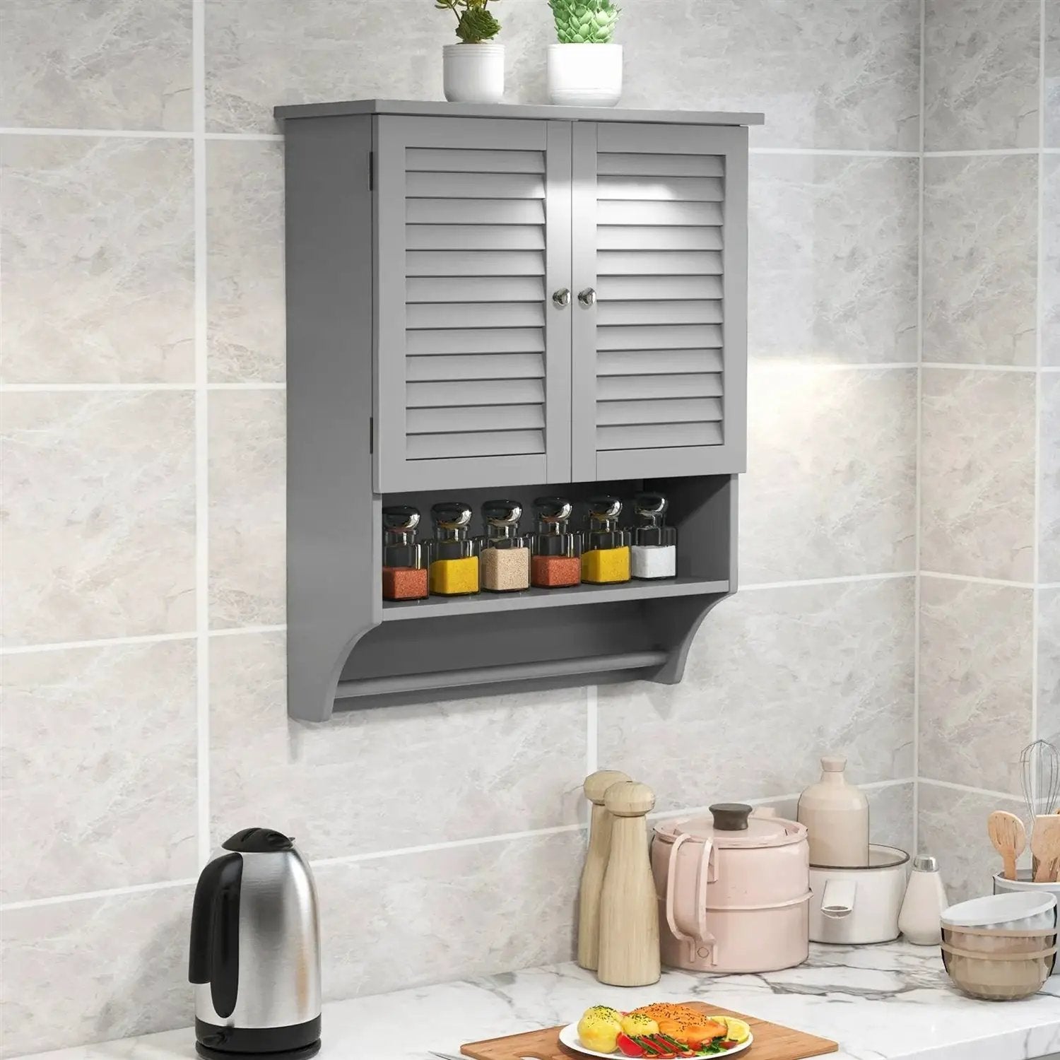 Grey Wall-Mounted Bathroom Medicine Cabinet with Louver Doors and Towel Bar by HomePacific