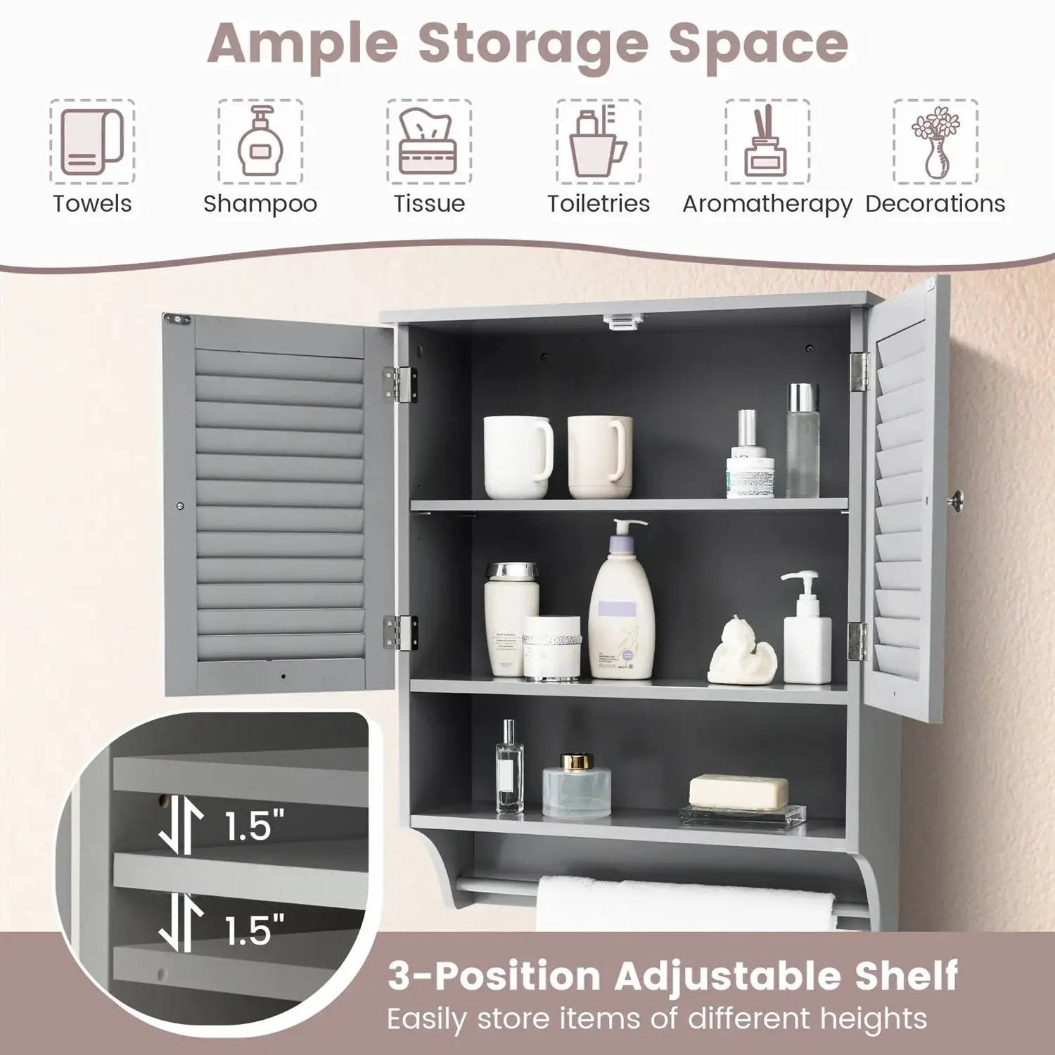 Grey Wall-Mounted Bathroom Medicine Cabinet with Louver Doors and Towel Bar by HomePacific