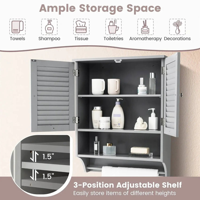 Grey Wall-Mounted Bathroom Medicine Cabinet with Louver Doors and Towel Bar by HomePacific