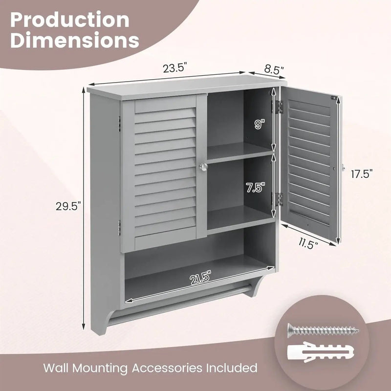 Grey Wall-Mounted Bathroom Medicine Cabinet with Louver Doors and Towel Bar by HomePacific