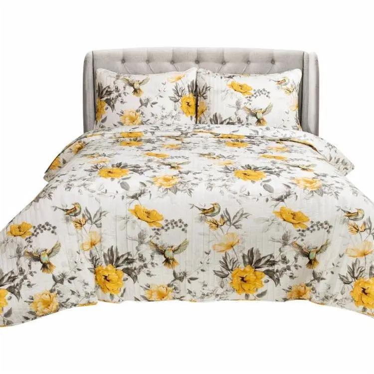 King size 3 Piece White Yellow Grey Reversible Floral Birds Cotton Quilt Set by HomePacific
