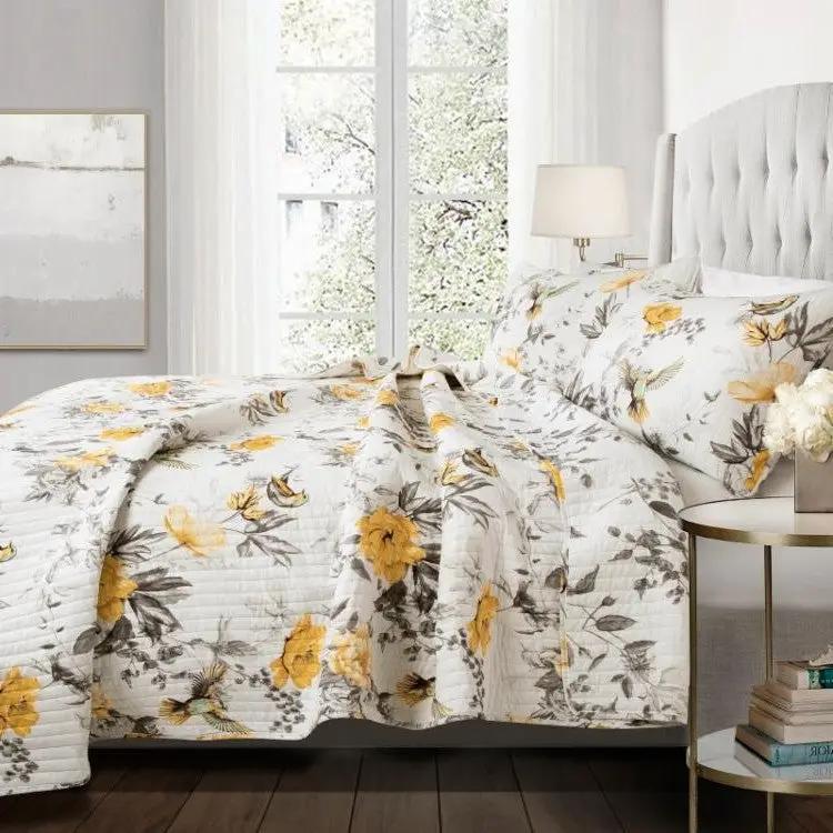 King size 3 Piece White Yellow Grey Reversible Floral Birds Cotton Quilt Set by HomePacific