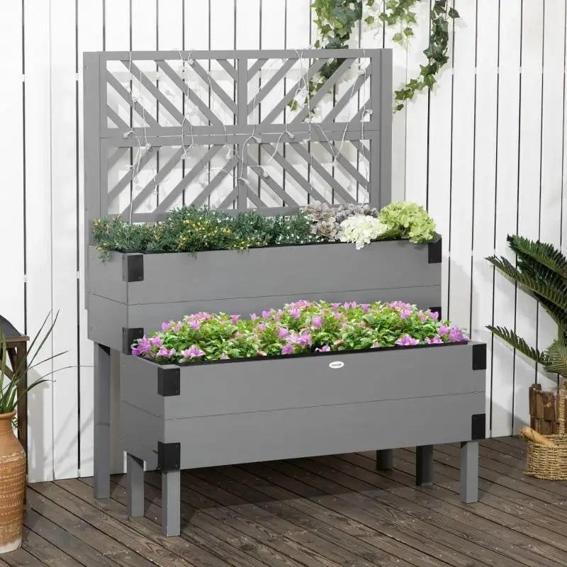 2 Tier Self Draining Grey Wood Raised Garden Bed Planter Box with Trellis by HomePacific
