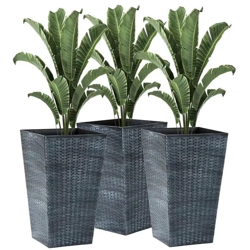Set of 3 - Grey Faux Rattan Plastic Tall Large Flower Pots by HomePacific