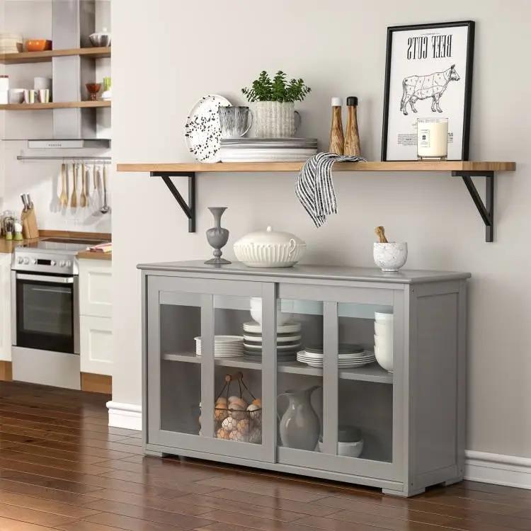 Grey Wood Buffet Kitchen Dining Sideboard Storage Cabinet w/ Glass Sliding Door by HomePacific