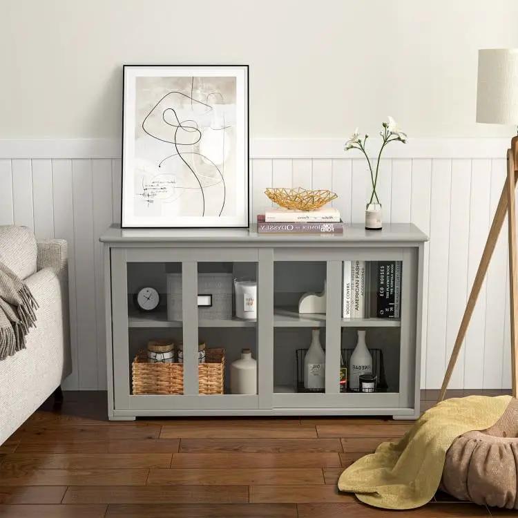 Grey Wood Buffet Kitchen Dining Sideboard Storage Cabinet w/ Glass Sliding Door by HomePacific