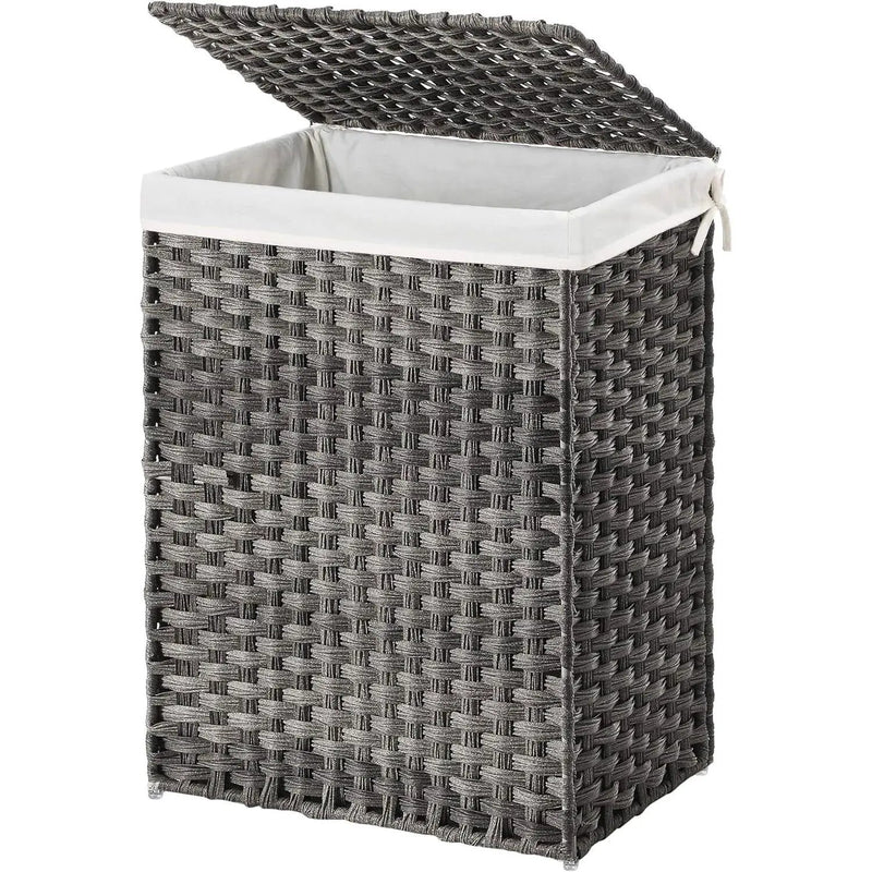 Grey Rattan Plastic Laundry Hamper Basket w/ Lid and Removable Cotton Liner Bag by HomePacific