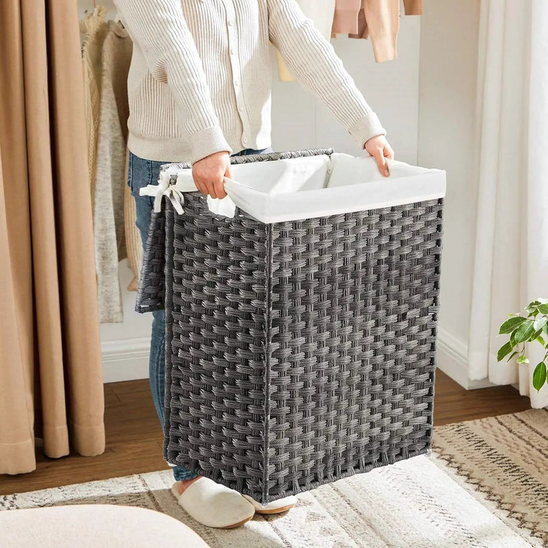 Grey Rattan Plastic Laundry Hamper Basket w/ Lid and Removable Cotton Liner Bag by HomePacific
