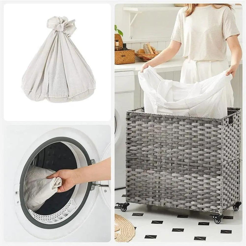 Handwoven Grey PP Rattan 3-Bag Laundry Basket Cart with Cotton Liner on Wheels by HomePacific