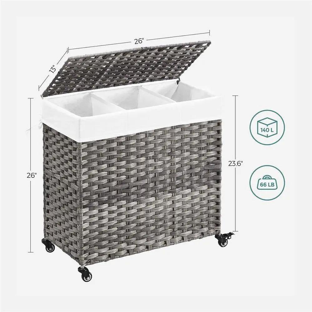 Handwoven Grey PP Rattan 3-Bag Laundry Basket Cart with Cotton Liner on Wheels by HomePacific