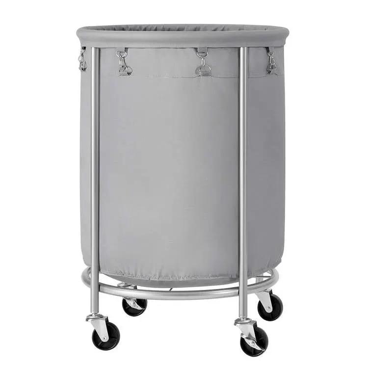 Round 45-Gallon Laundry Basket Hamper with Grey Fabric Bag Steel Frame on Wheels by HomePacific