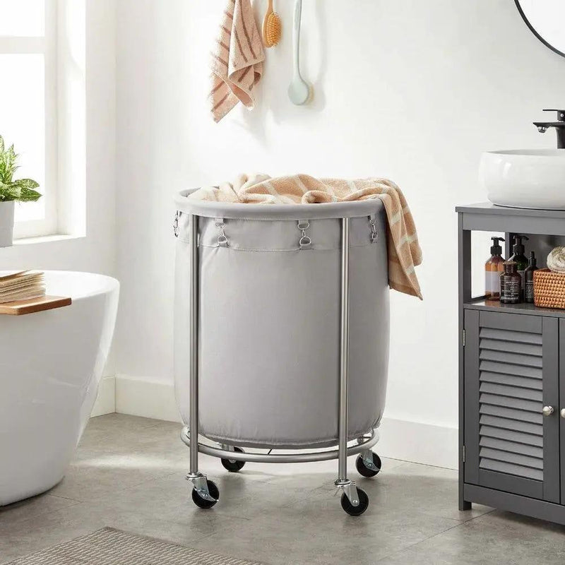 Round 45-Gallon Laundry Basket Hamper with Grey Fabric Bag Steel Frame on Wheels by HomePacific