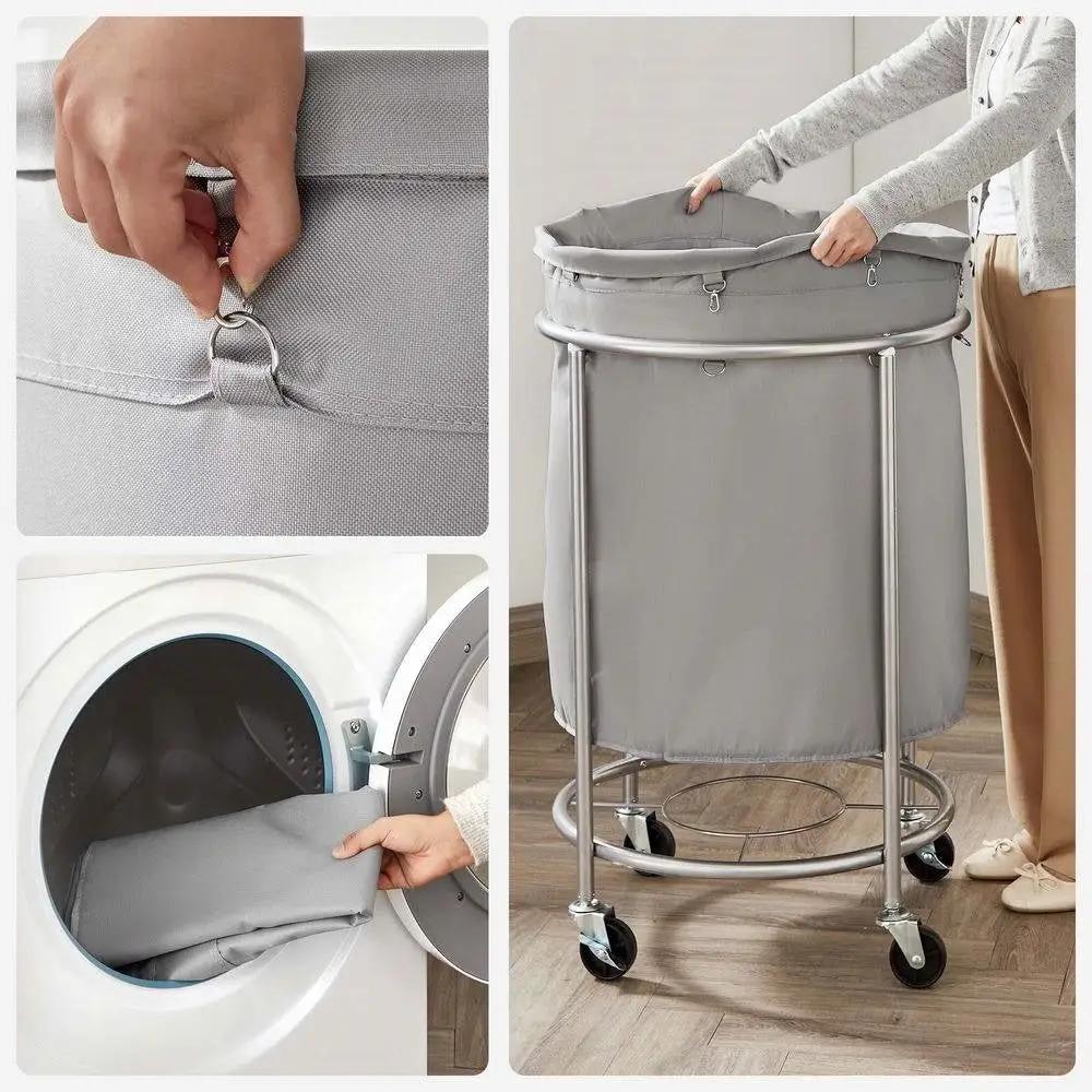 Round 45-Gallon Laundry Basket Hamper with Grey Fabric Bag Steel Frame on Wheels by HomePacific