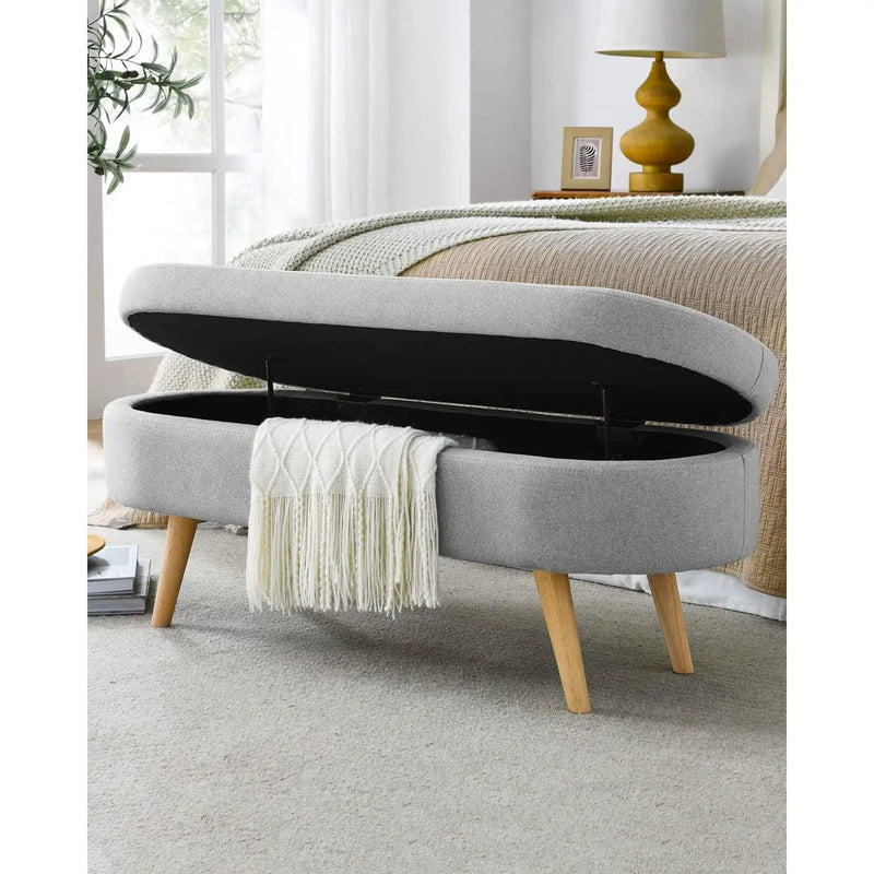 Mid-Century Modern Boho Style Grey Linen Bedroom Storage Bed Bench by HomePacific