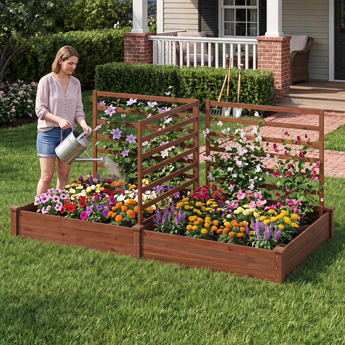 Raised Garden Bed with 2 Planter Boxes and 3 Trellis-Natural, photo 9 of 10