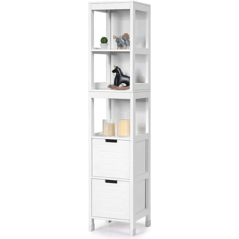 Bathroom Cabinet Tower with 2 Storage Drawers and 3 Shelves in White Wood Finish by HomePacific