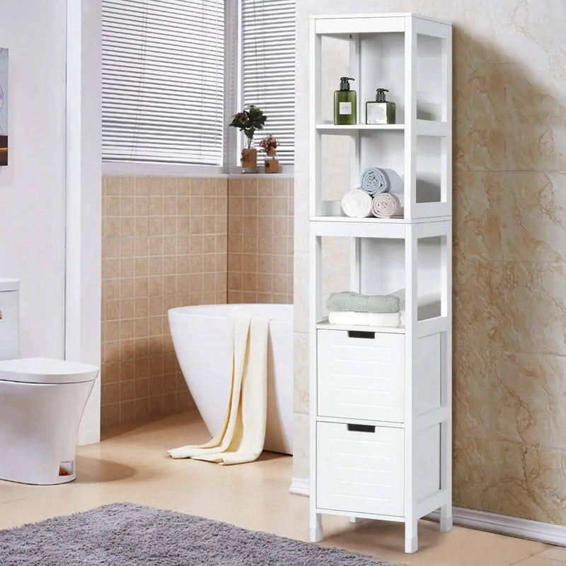 Bathroom Cabinet Tower with 2 Storage Drawers and 3 Shelves in White Wood Finish by HomePacific