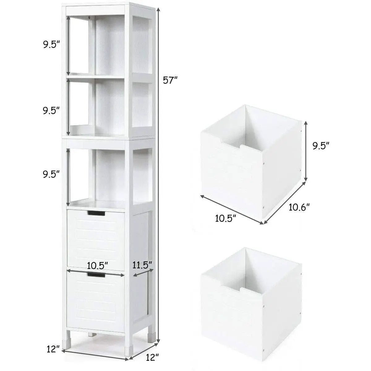 Bathroom Cabinet Tower with 2 Storage Drawers and 3 Shelves in White Wood Finish by HomePacific